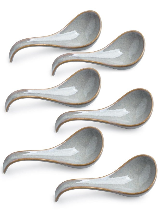 LYEOBOH Ceramic Asian Soup Spoons Set of 6 with Long Handle for Kitchen, Restaurant, Japanese Ramen Spoons with Deep Hook Design, Dishwasher & Microwave Safe, Gray - Image 1