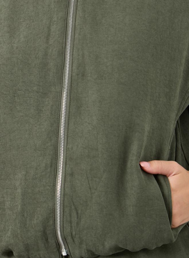 Styli Khaki Suede Zipped Bomber Jacket - Image 4