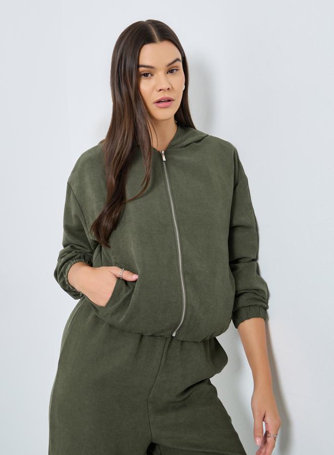 Styli Khaki Suede Zipped Bomber Jacket - Image 3