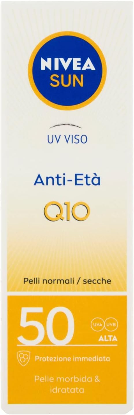 Nivea كريم واقي شمس نيفيا صن يو في لمكافحة الشيخوخة للوجه FP 50 في أنبوب 50 مل كريم وجه مضاد للتجاعيد مع إنزيم Q10 واقي شمس للوجه 50 للاستخدام اليومي كريم وجه مضاد للشيخوخة - Image 1