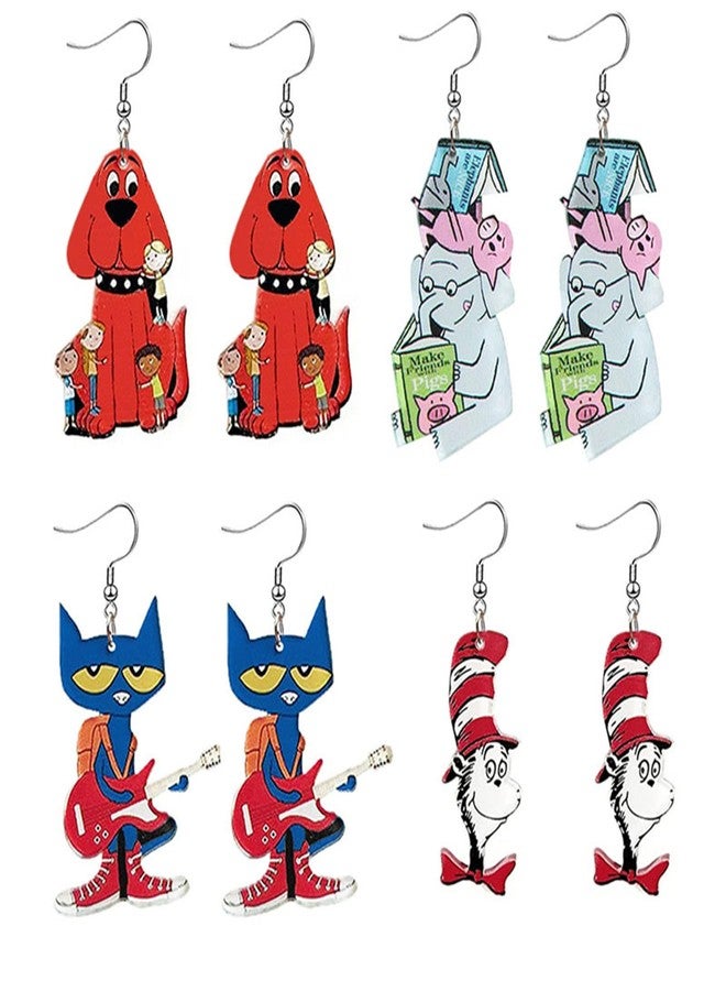 WCRAZYE Funny Acrylic Teacher Animal Drop Dangle Earrings for Women Cute Cat Dog Elephant Book Reading Earrings for Teacher (4 Pairs Animal) - Image 1