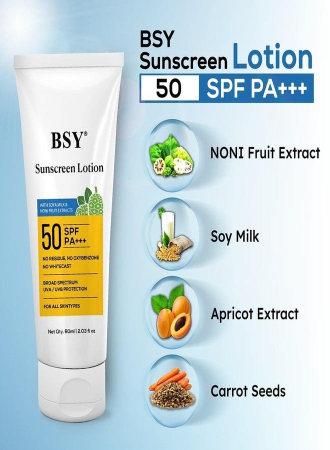 BSY لوسيون واقي الشمس BSY نوني SPF 50 PA+++ (2.03 أونصة سائلة) | مدعوم بمستخلصات نوني وحليب الصويا | واقي شمس معدني بدون أثر أبيض | مقاوم للماء | حماية من UVA/UVB | لجميع أنواع البشرة - Image 3
