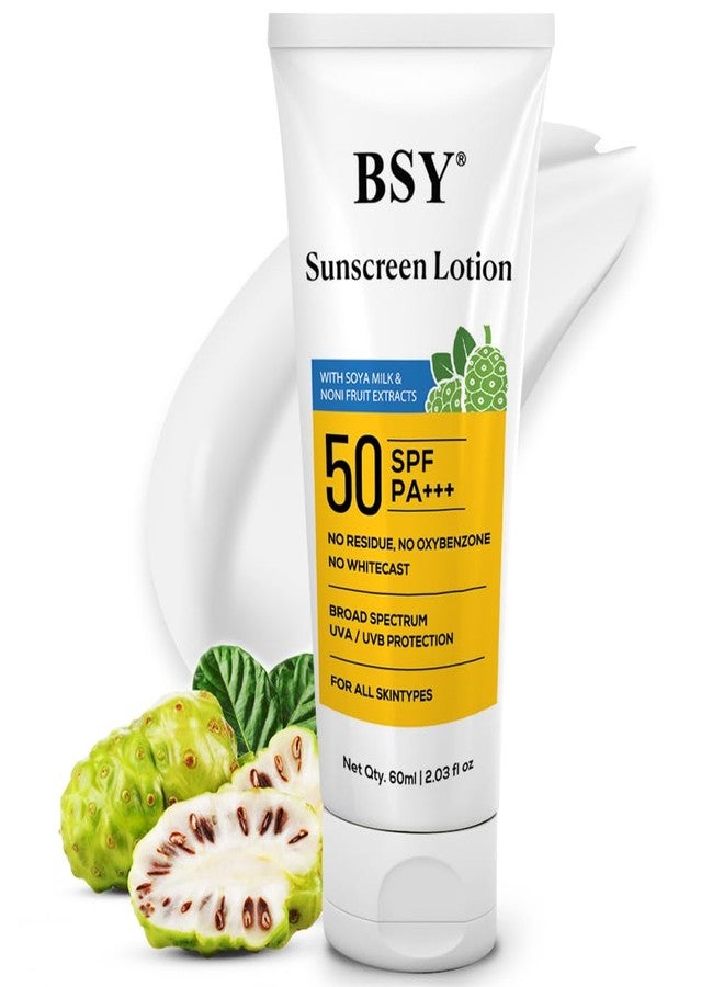 BSY لوسيون واقي الشمس BSY نوني SPF 50 PA+++ (2.03 أونصة سائلة) | مدعوم بمستخلصات نوني وحليب الصويا | واقي شمس معدني بدون أثر أبيض | مقاوم للماء | حماية من UVA/UVB | لجميع أنواع البشرة - Image 1