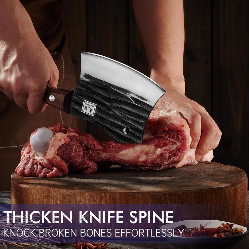 ENOKING سكين تقطيع اللحم 5.7" مع غلاف جلدي، سكين جزار كاملة الشفرة لتقطيع اللحم وقطع العظام، سكين حادة من الفولاذ الكربوني مع مقبض خشبي للمطبخ والتخييم في الهواء الطلق - Image 4