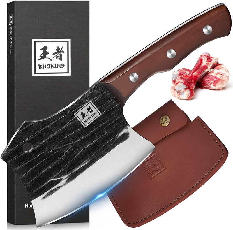 ENOKING سكين تقطيع اللحم 5.7" مع غلاف جلدي، سكين جزار كاملة الشفرة لتقطيع اللحم وقطع العظام، سكين حادة من الفولاذ الكربوني مع مقبض خشبي للمطبخ والتخييم في الهواء الطلق - Image 1
