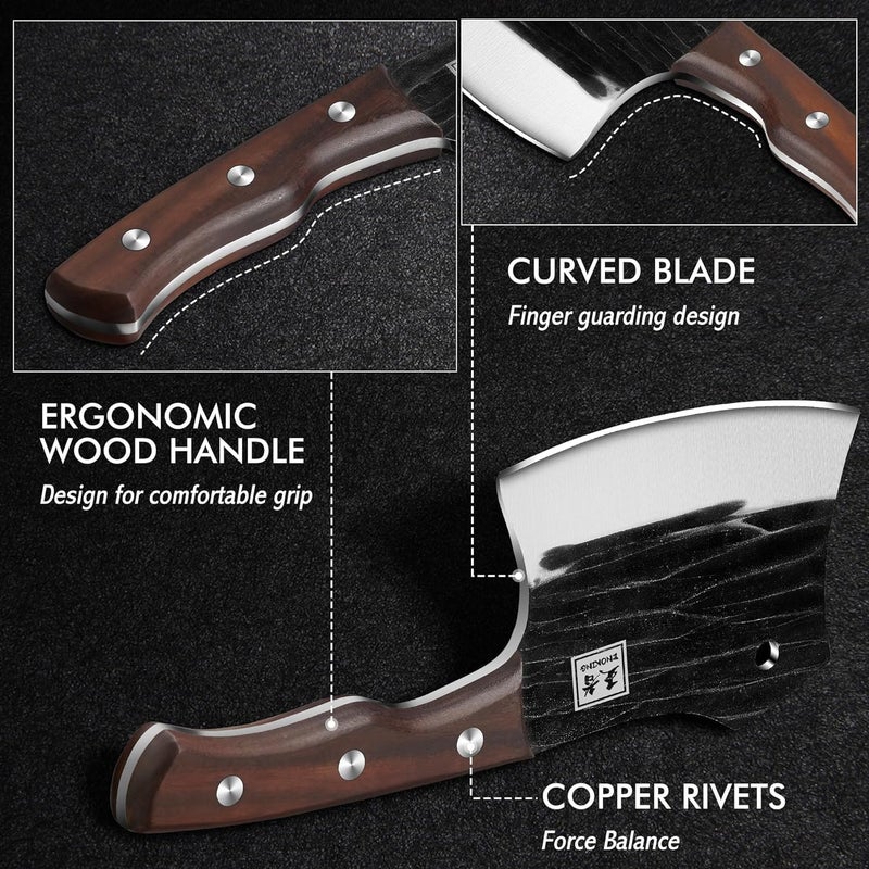 ENOKING سكين تقطيع اللحم 5.7" مع غلاف جلدي، سكين جزار كاملة الشفرة لتقطيع اللحم وقطع العظام، سكين حادة من الفولاذ الكربوني مع مقبض خشبي للمطبخ والتخييم في الهواء الطلق - Image 2