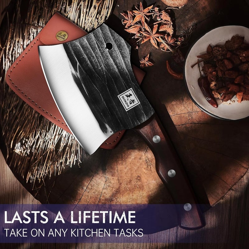 ENOKING سكين تقطيع اللحم 5.7" مع غلاف جلدي، سكين جزار كاملة الشفرة لتقطيع اللحم وقطع العظام، سكين حادة من الفولاذ الكربوني مع مقبض خشبي للمطبخ والتخييم في الهواء الطلق - Image 5