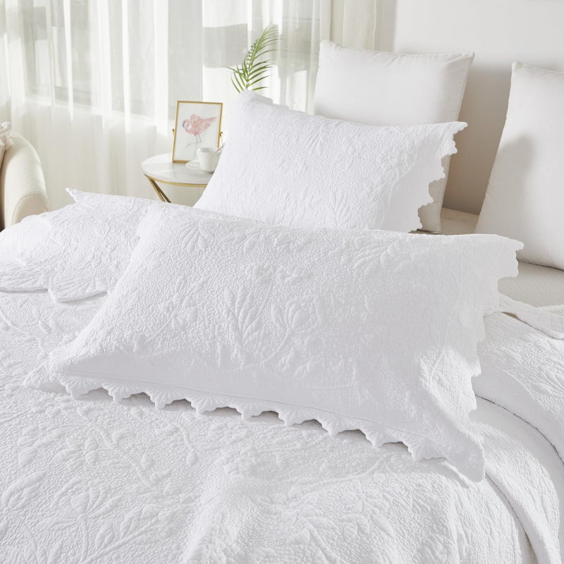 Brandream Quilted Pillow Shams Cotton Set of 2 White Standard Size Shabby Vintage Farmhouse Decorative Pillow Covers Full Queen Size - Image 1