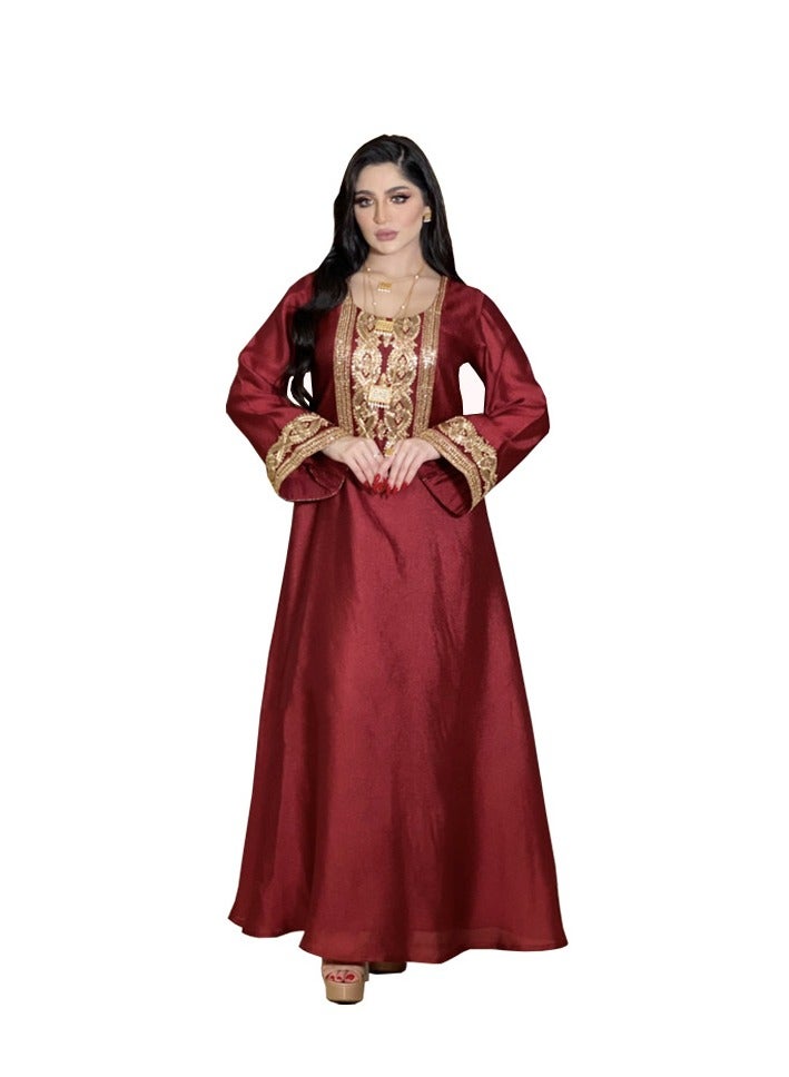 رمضان المسلمين فستان الحزب فستان الأكمام الطويلة فستان الموضة العرقية مطبوعة رداء فستان الأحمر - Image 1