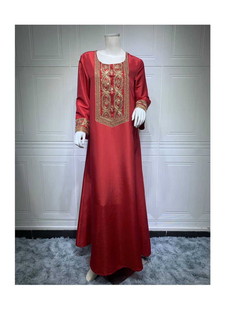 Ramadan Muslim Dress Party Dress Long sleeved Dress Ethnic Fashion Printed Robe Dress Red  - Image 3