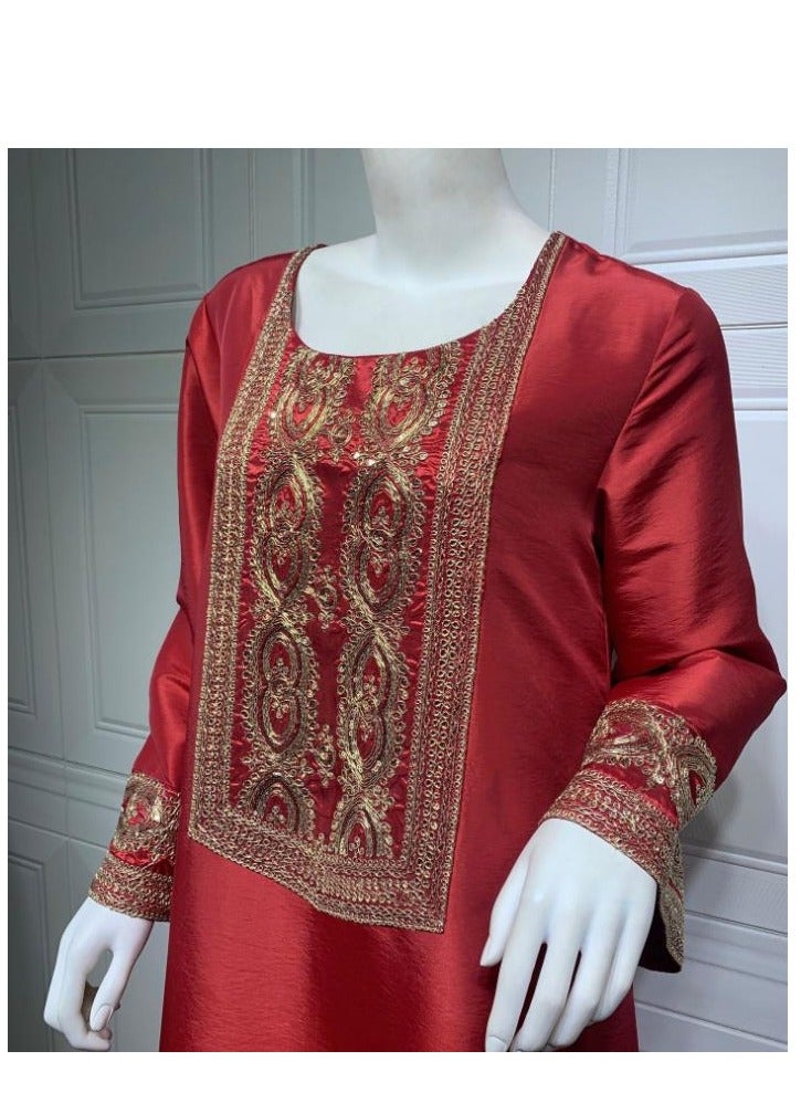 Ramadan Muslim Dress Party Dress Long sleeved Dress Ethnic Fashion Printed Robe Dress Red  - Image 4