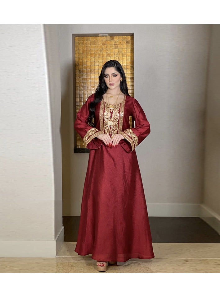 Ramadan Muslim Dress Party Dress Long sleeved Dress Ethnic Fashion Printed Robe Dress Red  - Image 1