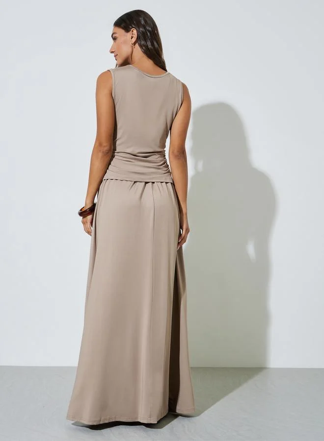 Styli  Khaki Solid Knit Top and A-Line Maxi Skirt Co-Ords for Women | Best Price UAE