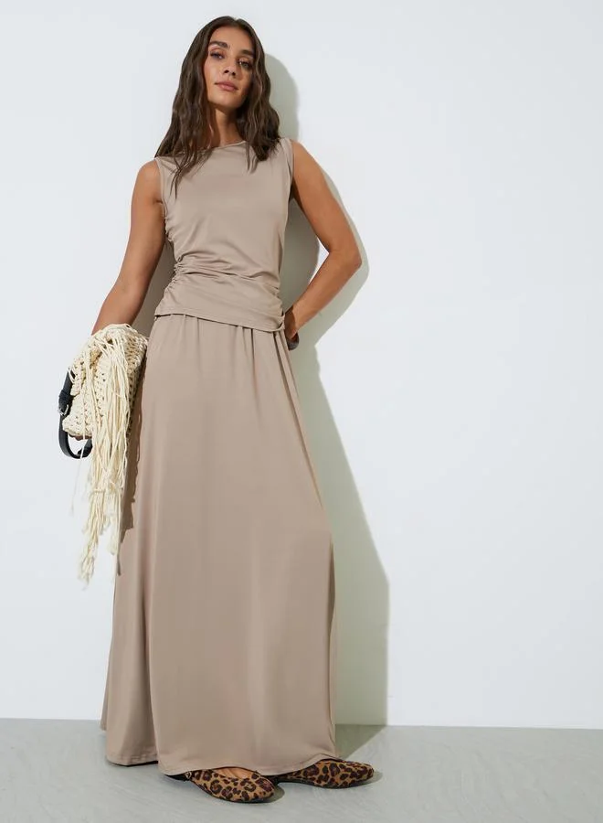Styli Khaki Solid Knit Top and A-Line Maxi Skirt Co-Ords