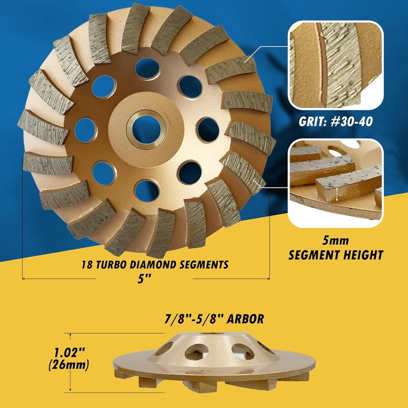 EDiamondTools 5" Diamond Grinding Wheels for Concrete or Masonry, 18 Turbo Segments, #30/40 Grit, Medium Bond, 7/8"-5/8" Arbor - Image 4