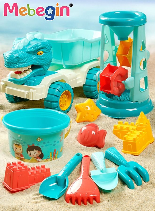 MEBEGIN 11 Pieces Beach Sand Toy Set with Dinosaur Car, Fun Sand Pit Toys with Bright Attractive Appearance and Numerous Accessories, Colorful Beach Travel Toys, Easy to Store and Carry, Perfect for Outdoor Activities - Image 1