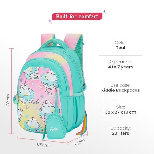 Genie Caticorn School Backpack for Girls |15 In-20 Ltr with Three Compartments,Side Pockets and Light Weight with Padded Shoulders |Best for Books,Stationery, Lunch Box & Essentials - Teal - Image 2