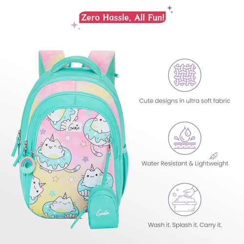 Genie Caticorn School Backpack for Girls |15 In-20 Ltr with Three Compartments,Side Pockets and Light Weight with Padded Shoulders |Best for Books,Stationery, Lunch Box & Essentials - Teal - Image 5
