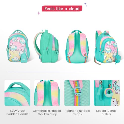 Genie Caticorn School Backpack for Girls |15 In-20 Ltr with Three Compartments,Side Pockets and Light Weight with Padded Shoulders |Best for Books,Stationery, Lunch Box & Essentials - Teal - Image 4
