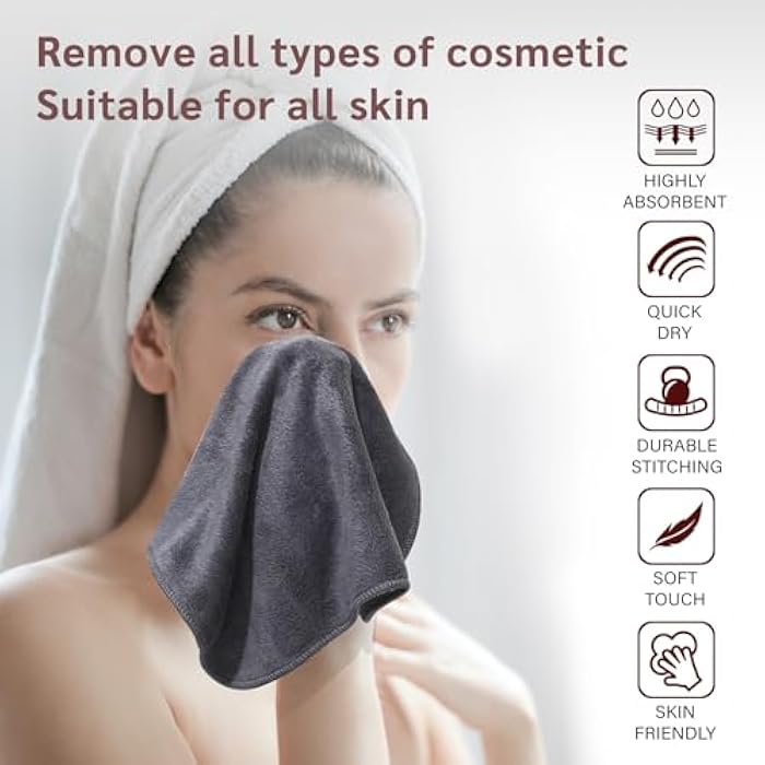 Nugilla Makeup Remover Cloth 12 x 12 Inch, Reusable Makeup Remover Towels for Washing Face, 6 Pack Washable Microfiber Face Cloth Fast Drying Washcloth, Grey - Image 2