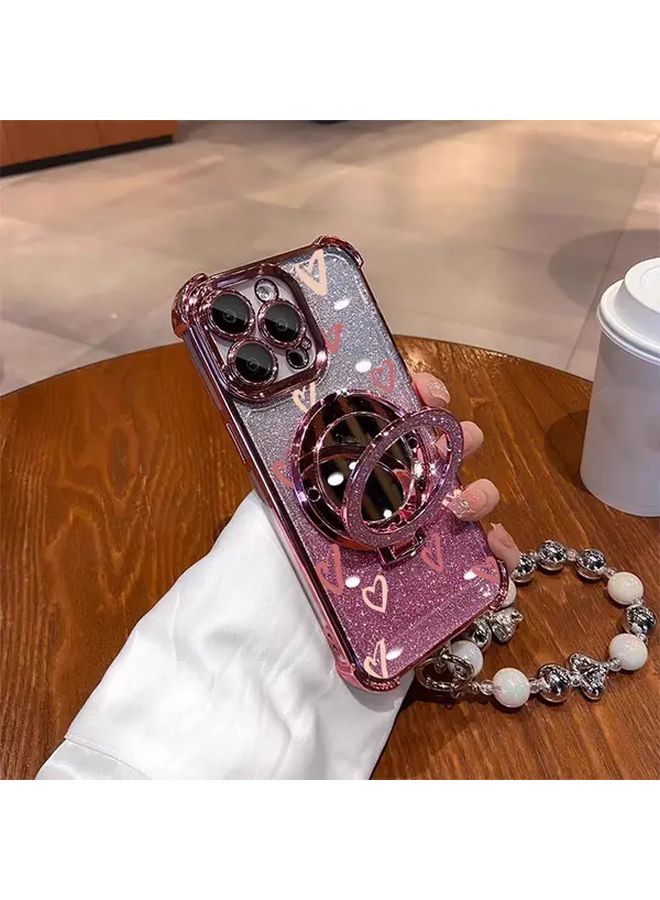 Pink Red Love Heart Full Coverage Shockproof Magnetic Bracket Phone Case For IPhone 16 Pro With Lanyard - Image 1