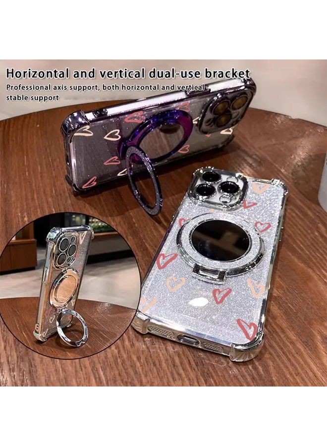 Pink Red Love Heart Full Coverage Shockproof Magnetic Bracket Phone Case For IPhone 16 Pro With Lanyard - Image 5