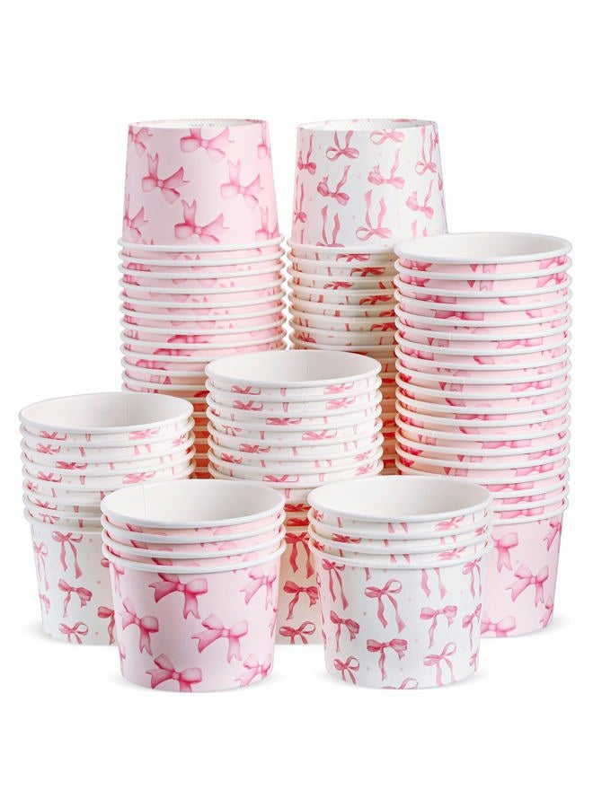 Jingmore 100 Pcs 8 oz Treat Snack Cups Bulk Ice Cream Bowl Cute Coquette Cups Party Favors Disposable Paper Bowls for Birthday Hot Iced Food Soups Sundae Snack Dessert Beverage (Pink Bow) - Image 1