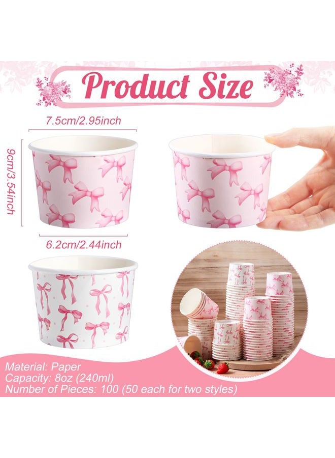 Jingmore 100 Pcs 8 oz Treat Snack Cups Bulk Ice Cream Bowl Cute Coquette Cups Party Favors Disposable Paper Bowls for Birthday Hot Iced Food Soups Sundae Snack Dessert Beverage (Pink Bow) - Image 3