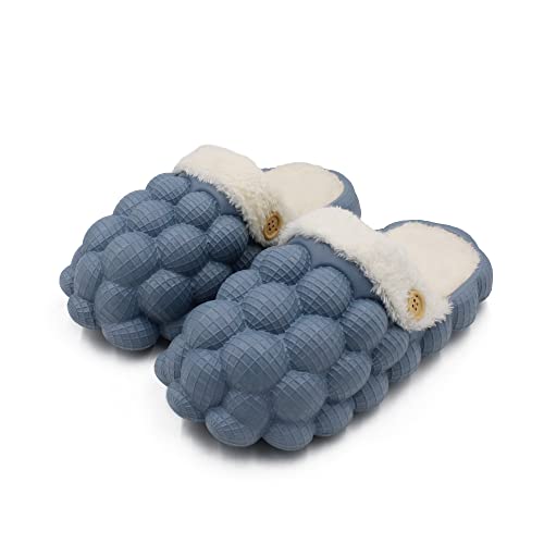 VRITRAZ Womens Bubble Design EVA Winter Lightweight and Warm Fur Slippers, Waterproof Slippers, Removable and Washable (UK-7, Blue) - Image 1