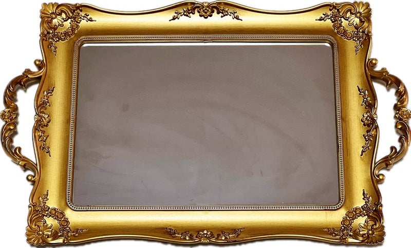 Schonee Rectangle Vintage Decorative Mirror Tray Jewelry Cosmetics Makeup Storage Dresser Organizer Tray Serving Tray Golden  Rectangle