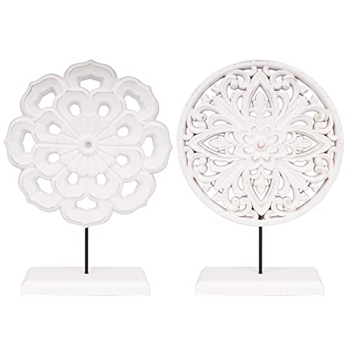 AXEARTE 2 Pack Wooden Carved Cutout Flower Medallion Sculpture Rustic Distressed White MDF Statues Home Tabletop Decor Decorative Ornaments for Living Room Bedroom Office Desktop Cabinets