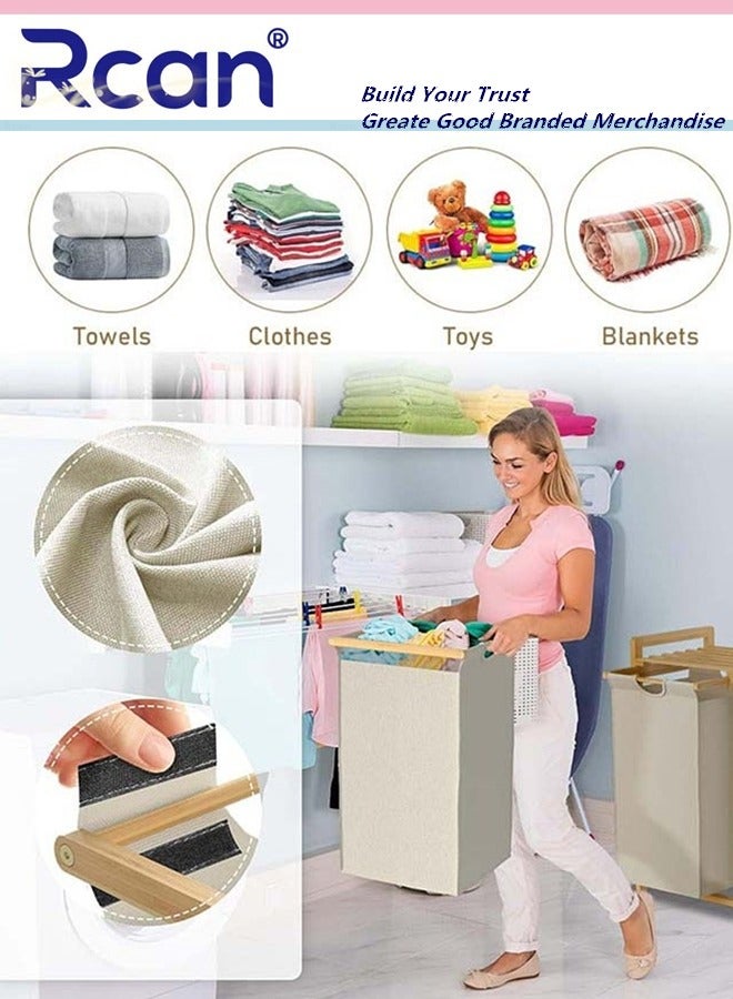 Rcan Bamboo Laundry Hamper with Shelf 2 Section Wooden Laundry Basket with Sliding Removable Bags Dual Compartments Laundry Basket Freestanding Laundry Sorter for Bathroom Bedroom Living Room Laundry Room - Image 2