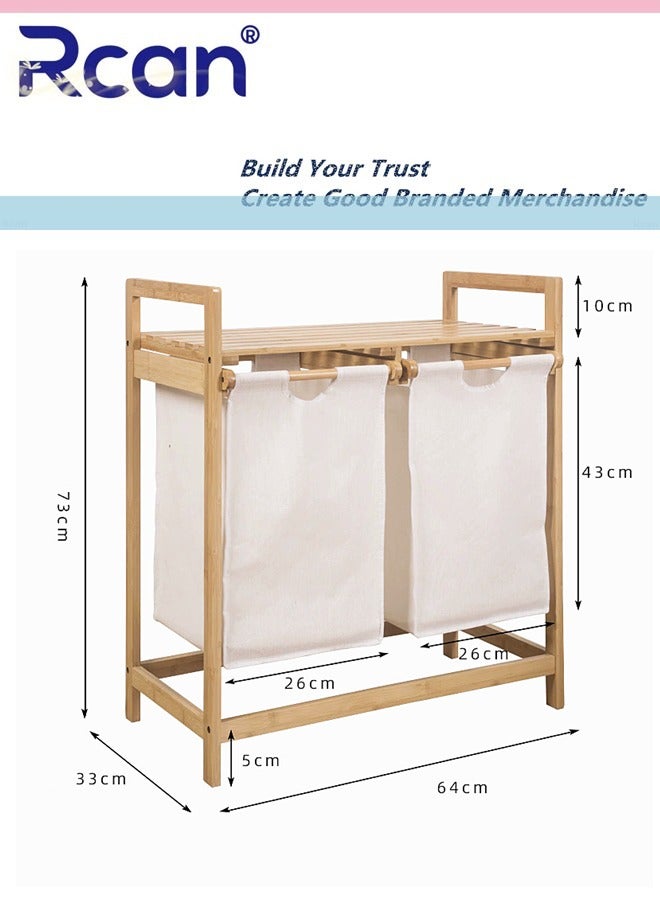 Rcan Bamboo Laundry Hamper with Shelf 2 Section Wooden Laundry Basket with Sliding Removable Bags Dual Compartments Laundry Basket Freestanding Laundry Sorter for Bathroom Bedroom Living Room Laundry Room - Image 5