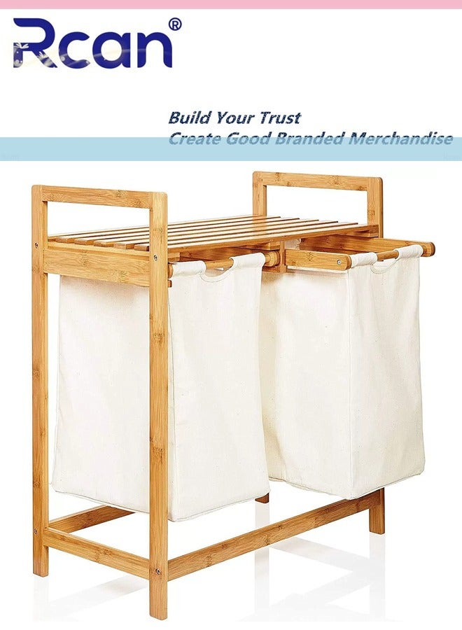 Rcan Bamboo Laundry Hamper with Shelf 2 Section Wooden Laundry Basket with Sliding Removable Bags Dual Compartments Laundry Basket Freestanding Laundry Sorter for Bathroom Bedroom Living Room Laundry Room - Image 1