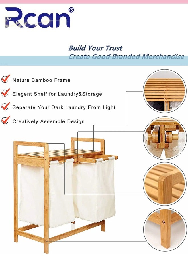 Rcan Bamboo Laundry Hamper with Shelf 2 Section Wooden Laundry Basket with Sliding Removable Bags Dual Compartments Laundry Basket Freestanding Laundry Sorter for Bathroom Bedroom Living Room Laundry Room - Image 4