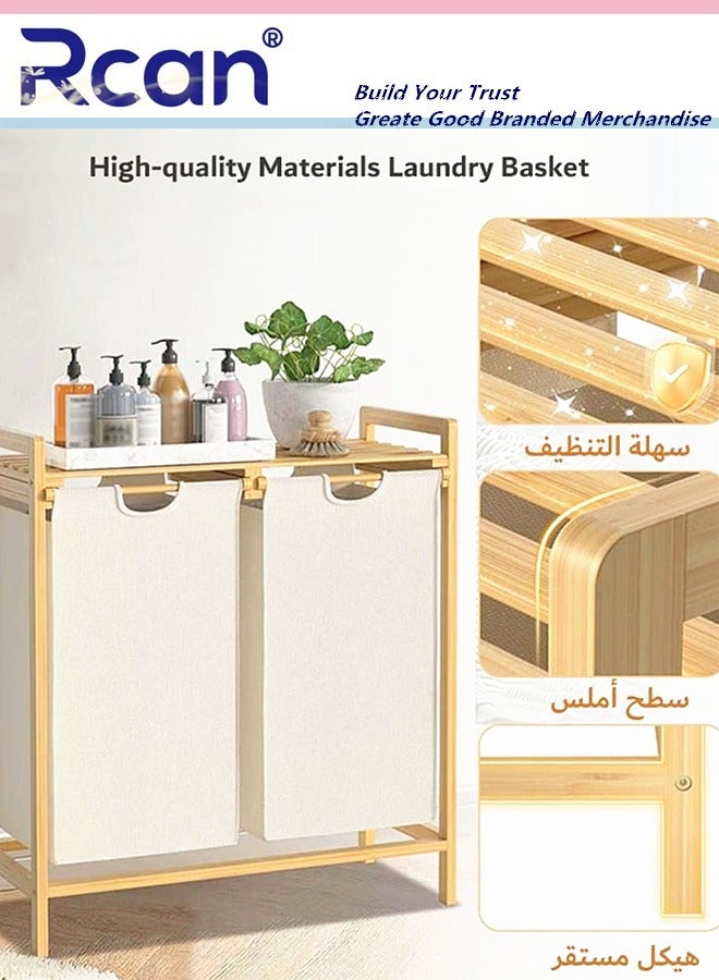 Rcan Bamboo Laundry Hamper with Shelf 2 Section Wooden Laundry Basket with Sliding Removable Bags Dual Compartments Laundry Basket Freestanding Laundry Sorter for Bathroom Bedroom Living Room Laundry Room - Image 3