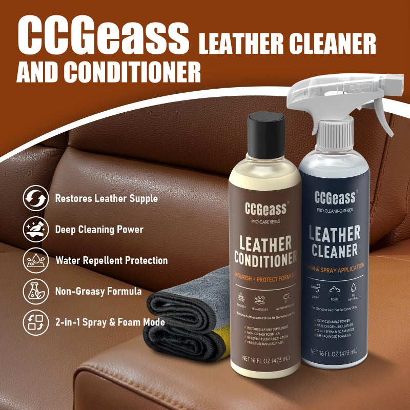 CCGeass Leather Cleaner and Conditioner Kit â€“ 2Ã—16oz | Leather Cleaner for Car Seats, Furniture, Couches, Shoes & Boots | pH-Balanced, Non-Greasy, Restores & Protects All Leather - Image 2