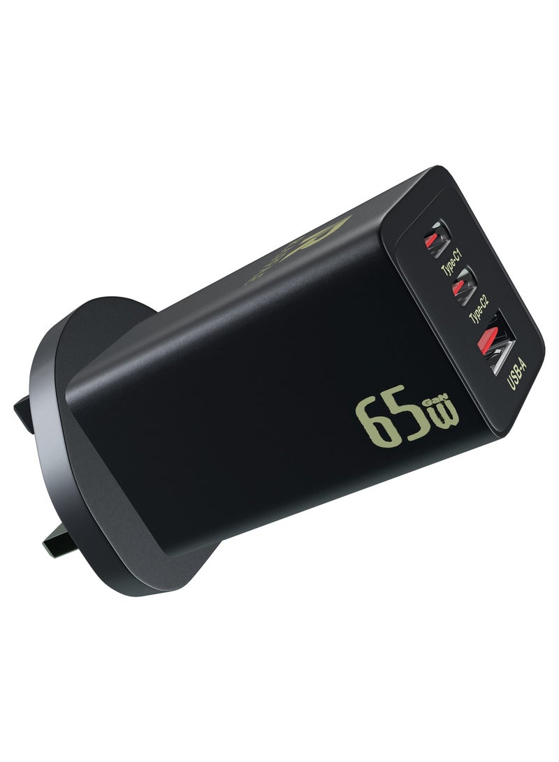RAFFAE 65W PD Wall Charger 3 Ports USB C GaN Charger Plug Type C PD Adapter for MacBook Pro/Air, iPad, iPhone 15/15Plus/15 Pro/15 Pro Max, Samsung, Huawei, OnePlus, Xiaomi, Lenovo - Black - Image 1