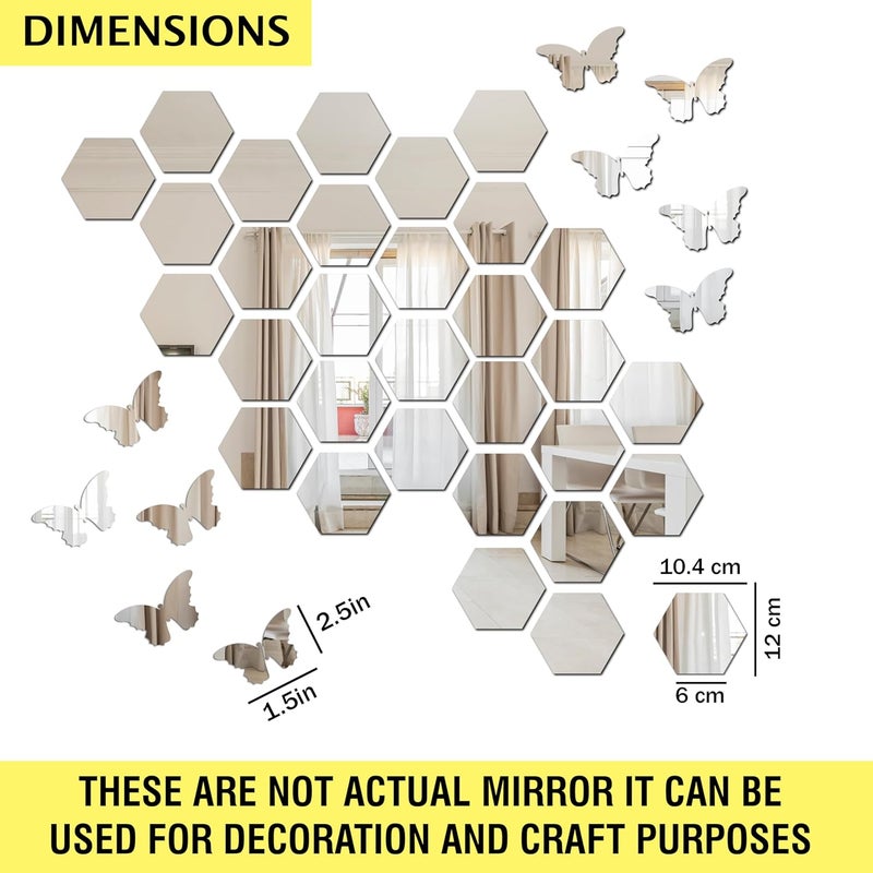 Goelite Goelite Hexagonal Mirror with Butterfly Wall Sticker Glass Stickers for Mosaic Decoration Acrylic Home Mirror Wallpaper 30 Hexagon Silver 10 Butterfly  - Image 4
