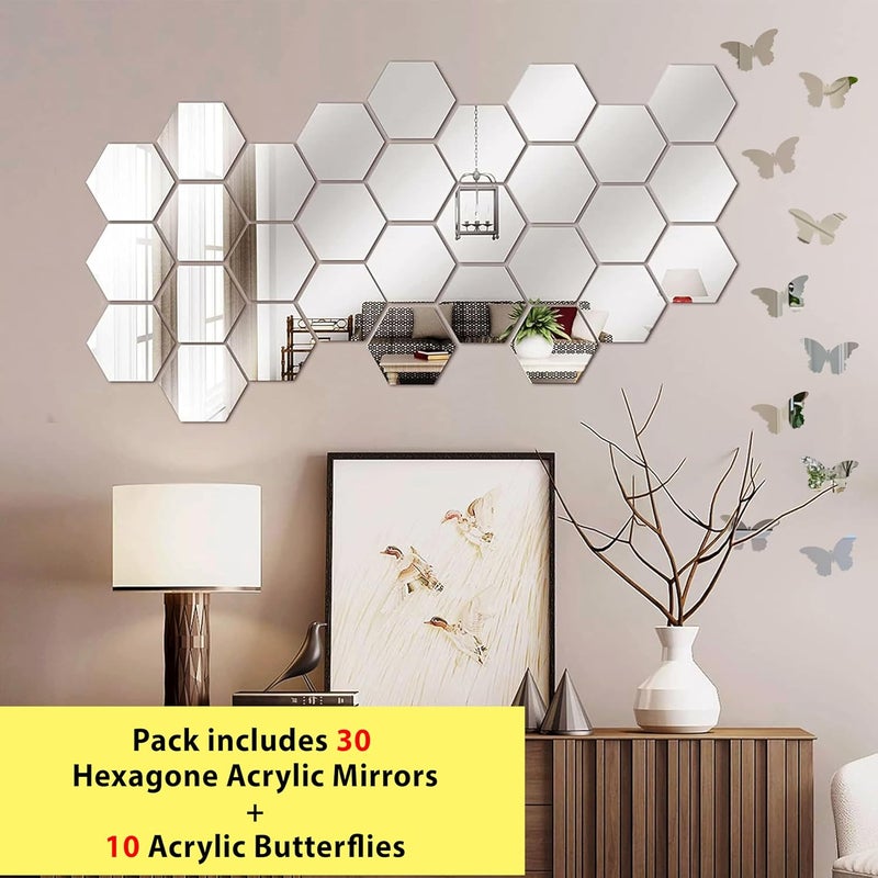 Goelite Goelite Hexagonal Mirror with Butterfly Wall Sticker Glass Stickers for Mosaic Decoration Acrylic Home Mirror Wallpaper 30 Hexagon Silver 10 Butterfly  - Image 2