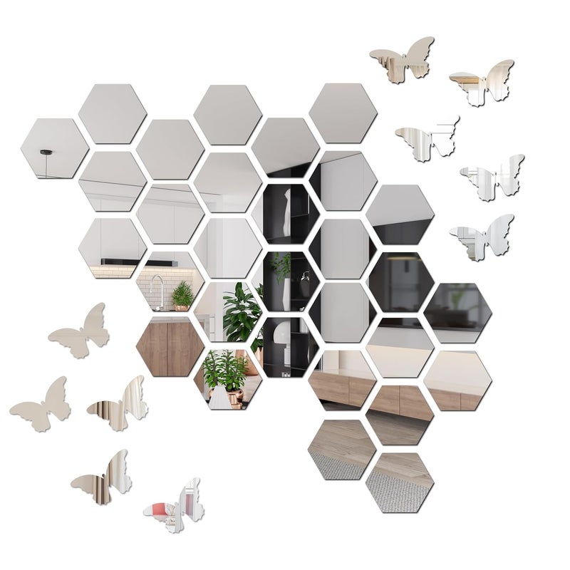 Goelite Goelite Hexagonal Mirror with Butterfly Wall Sticker Glass Stickers for Mosaic Decoration Acrylic Home Mirror Wallpaper 30 Hexagon Silver 10 Butterfly  - Image 1