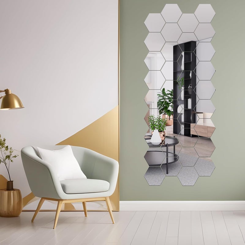 Goelite Goelite Hexagonal Mirror with Butterfly Wall Sticker Glass Stickers for Mosaic Decoration Acrylic Home Mirror Wallpaper 30 Hexagon Silver 10 Butterfly  - Image 3
