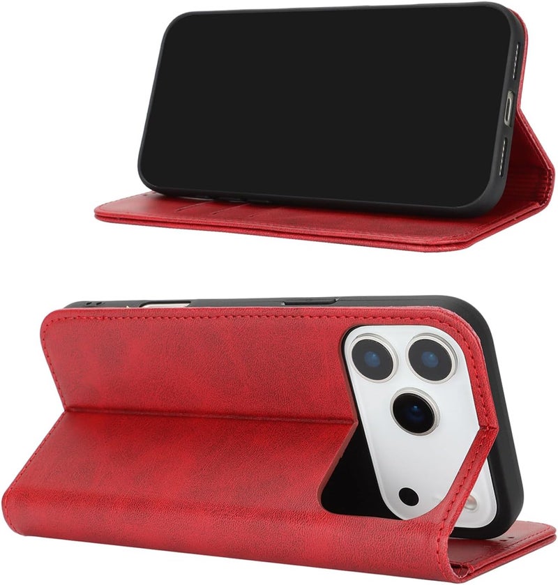 iCoverCase for iPhone 17 Pro Wallet Case with Card Holder, PU Leather Magnetic Kickstand Feature Shockproof Protective Flip Cover Case - Red - Image 3