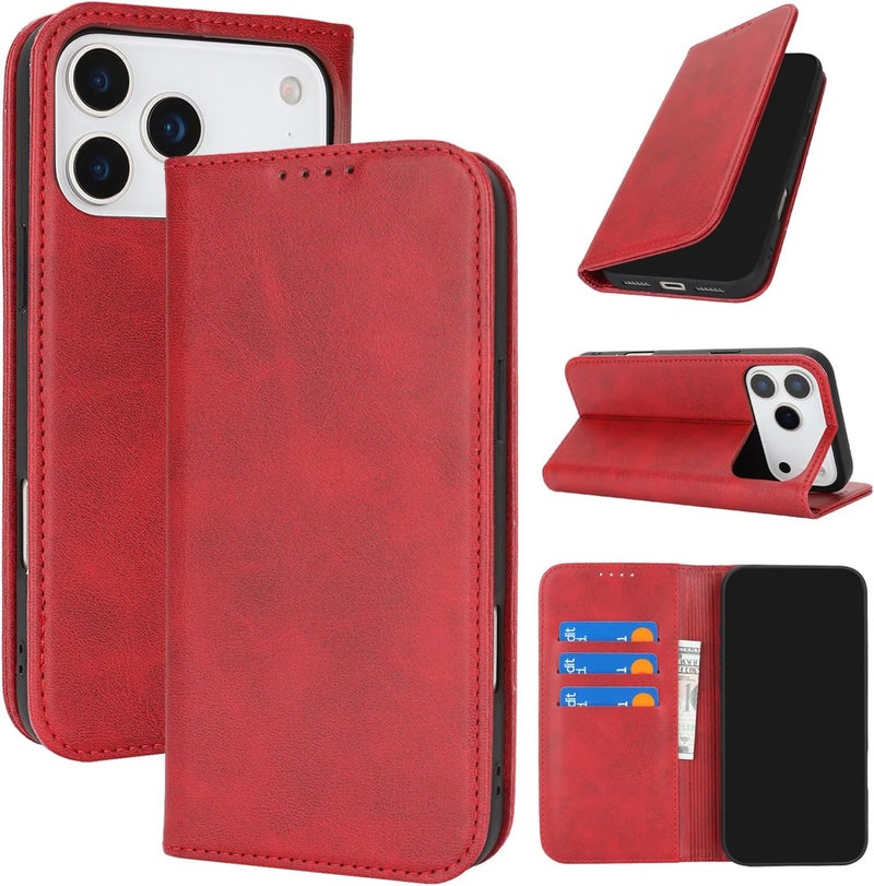 iCoverCase for iPhone 17 Pro Wallet Case with Card Holder, PU Leather Magnetic Kickstand Feature Shockproof Protective Flip Cover Case - Red - Image 2