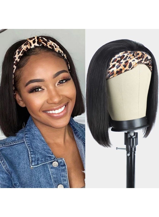AISI Headband Wigs Human Hair Bob Headband Wigs for Black Women Easy Put On and Go Glueless Wig Short Straight Wigs Machine Made 150% Density No Lace Wig Natural Color(10 Inch) - Image 1