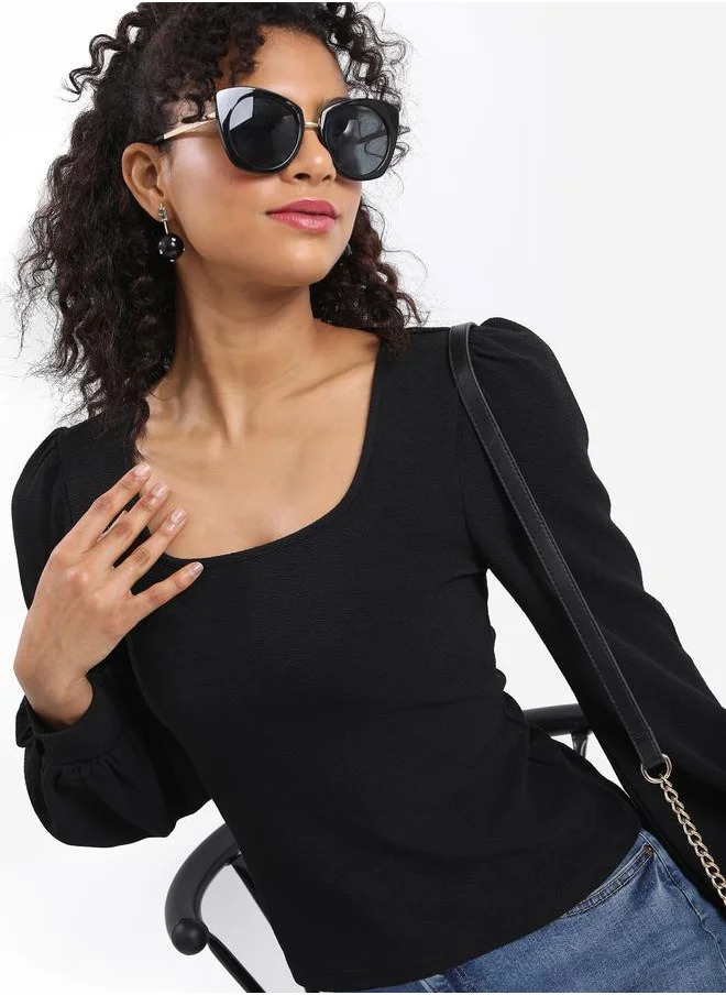 Ketch Textured Square Neck Top with Puff Sleeves by Styli