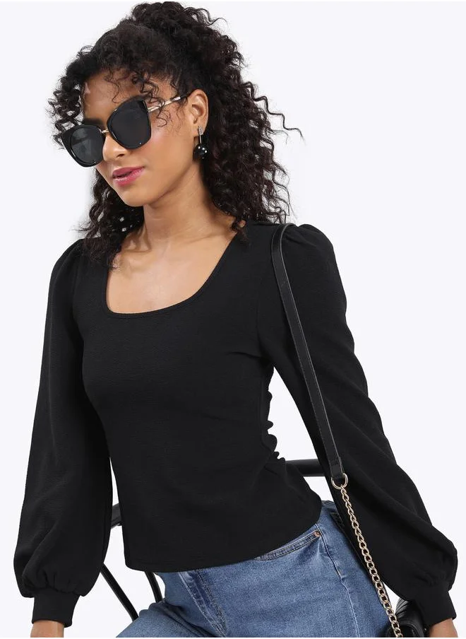 Ketch Textured Square Neck Top with Puff Sleeves by Styli