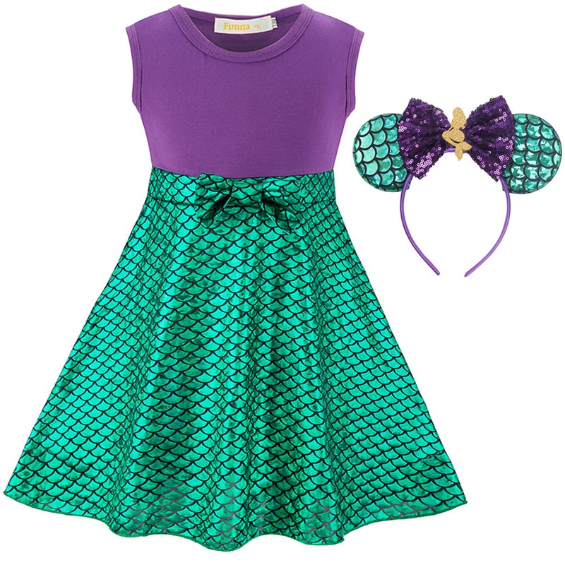 Funna Mermaid Costume for Girls Mommy and Me Princess Dress with Ears Headband 78 Years Purple
