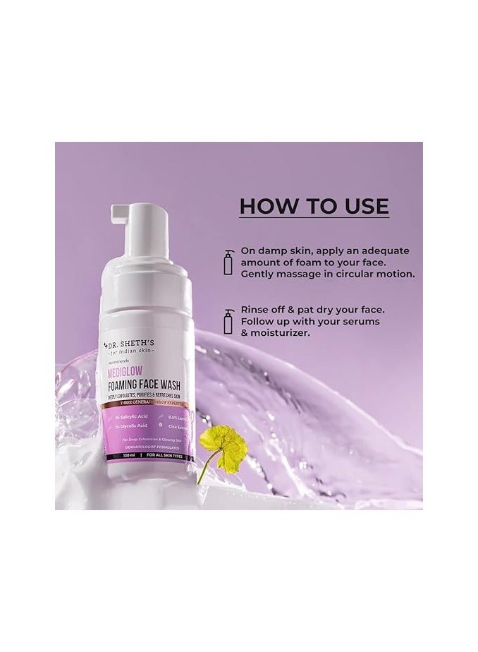 Dr. Sheth's Mediglow Aha-Bha Foaming Face Wash For Glowing Skin Deeply Cleanses, Exfoliates And Unclogs Pores 1% Salicylic Acid, 0.5% Lactic Acid All Skin Types For Women And Men - 100 Ml - Image 4