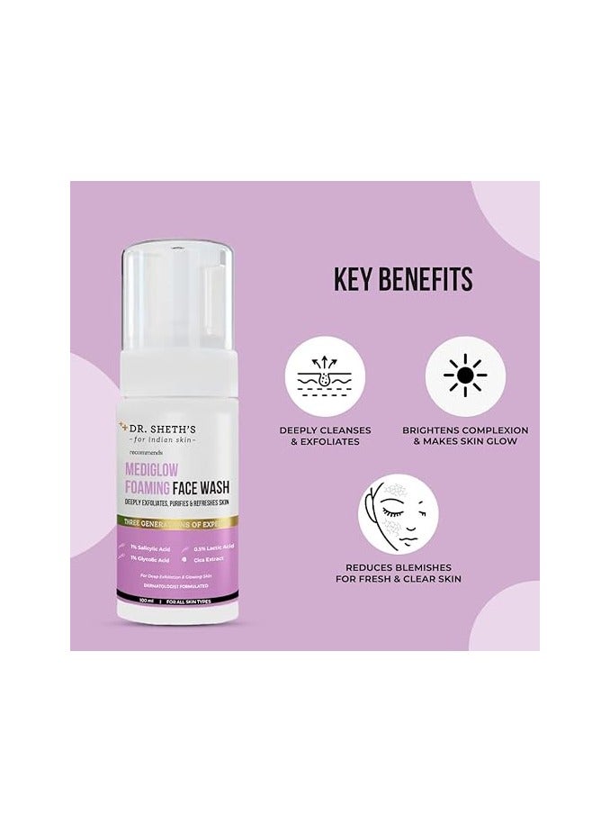 Dr. Sheth's Mediglow Aha-Bha Foaming Face Wash For Glowing Skin Deeply Cleanses, Exfoliates And Unclogs Pores 1% Salicylic Acid, 0.5% Lactic Acid All Skin Types For Women And Men - 100 Ml - Image 2